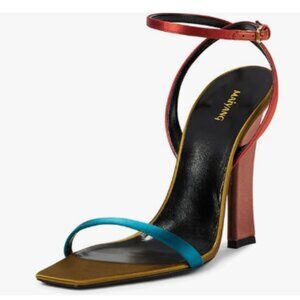 Maiyang Gold Single Strap Open Square Toe Chunky High Heel Crossed Strap Sandals